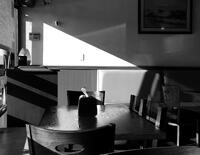 Karen Safer-Coffee Shop Shadows, black and white, aluminum giclee